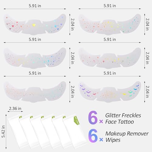 6 Pcs Holographic Glitter Freckles Face Tattoo with 6 PCS Facial Wipes - Waterproof Sparkle Fake Freckles Temporary Tattoo...