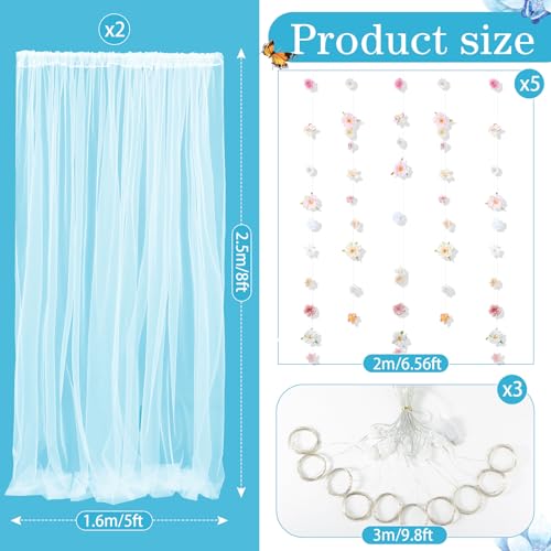 Gilprop 2 Panels White Tulle Backdrop Curtain with Lights String & 5 Pcs Artificial Hanging Flowers Garland 10×8ft Sheer B...