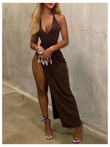 SOLY HUX Women's Halter Maxi Dress Sexy Deep V Neck High Split Backless Sleeveless Bodycon Cocktail Party Long Dresses
