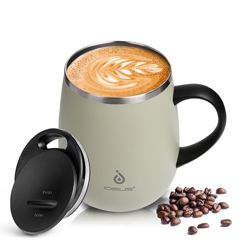 Ideus 16 oz (470 ml) Insulated Coffee Mug with Handle and Lid, Double Wall Stainless Steel Vacuum Thermal Coffee Mug, Trav...