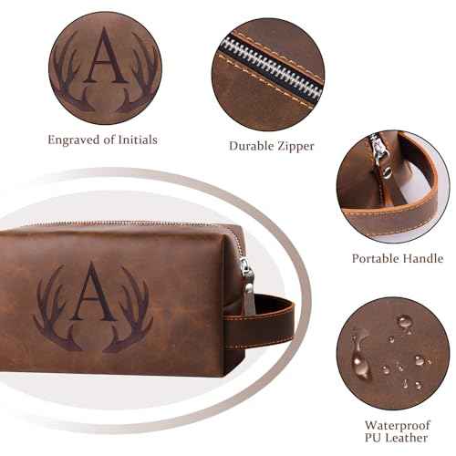 Personalized Toiletry Bag for Men Engraved Initial Cool Gifts for Dad Husband Boyfriend Grandpa Son PU Leather Waterproof Shaving Bag for Toiletries Accessories Travel Essentials (A)