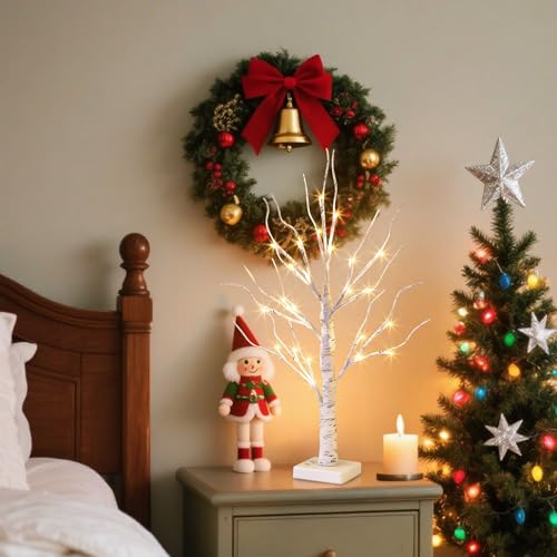 EAMBRITE Lighted Birch Tree Christmas Decorations for Home, White Birch Tree with Lights, 24 LED Lighted Mini Money Tree T...