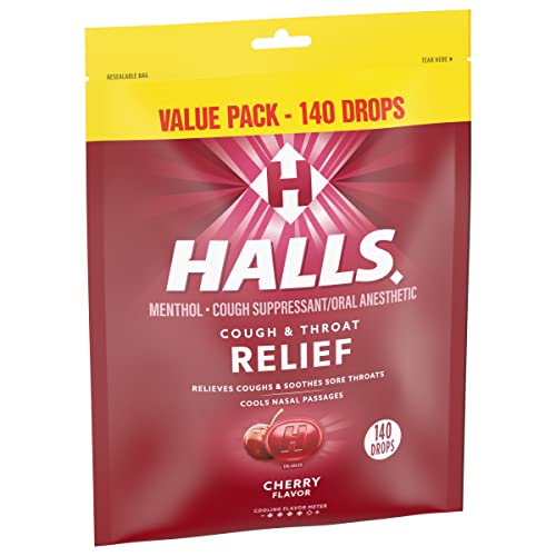 Halls Relief Cherry Cough Drops, Value Pack, 140 Drops (Pack of 5)