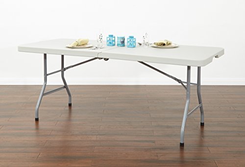 Office Star Resin Rectangle Center-Folding Portable Table for Picnics, Camping, and Tailgating, 5 Feet, with Wheels Light ...