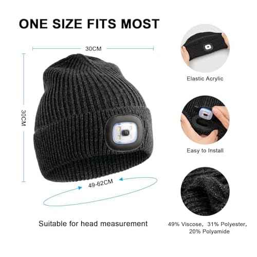 Wmcaps Unisex Hat with Light, USB Rechargeable LED Beanie, Winter Warm Knitted Headlamp Hat Gifts for Men Him Dad Husband