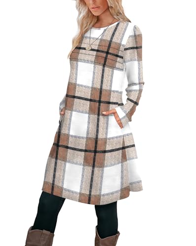 OFEEFAN Womens Long Sleeve Tunic Dress Fall Fashion Sweater Dress with Pockets Pleated Front Casual Winter