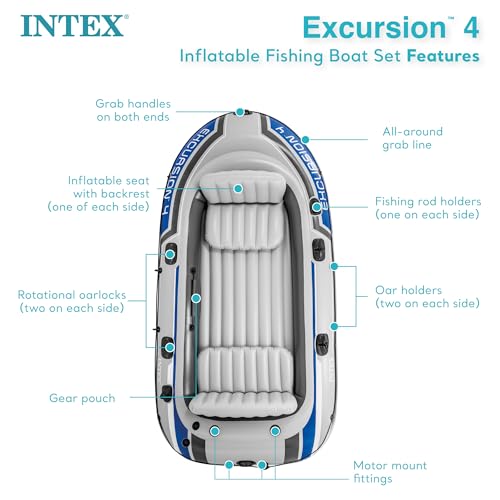 INTEX 68324EP Excursion 4 Inflatable Boat Set: Includes Deluxe 54in Boat Oars and High-Output Pump – Adjustable Seats with...