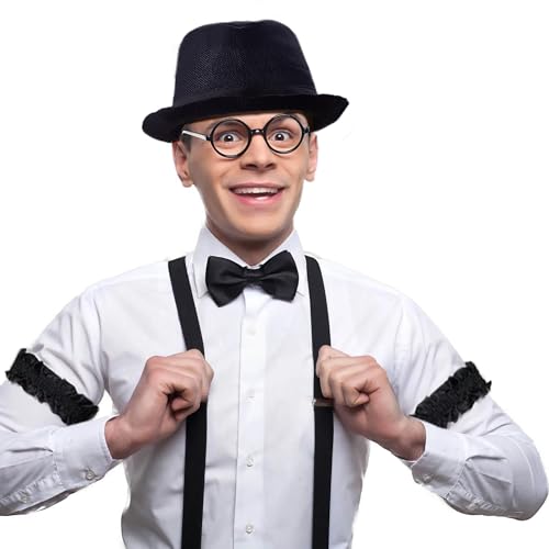 FEYIR 1920s Mens Costume Accessories Fedora Hat Pocket Watch Suspenders Bow Tie Gatsby Cosplay Roaring 20s Outfit for Men