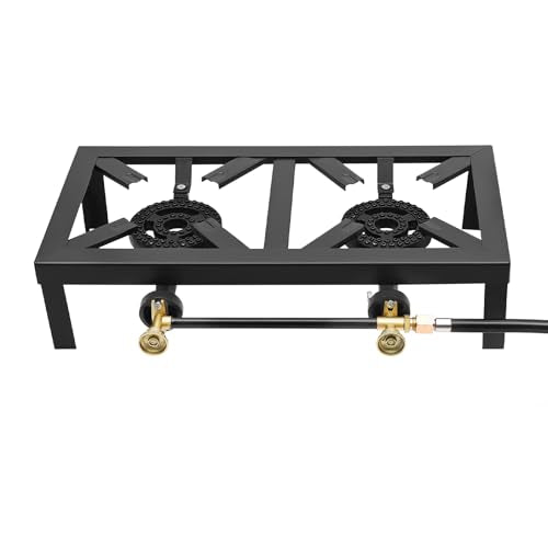 PROYONGOO Double Propane Burner Camping Stove, 18.90" X 9.84" X 4.53" Gas Stove with Regulator Hose, Portable Gas Burner f...