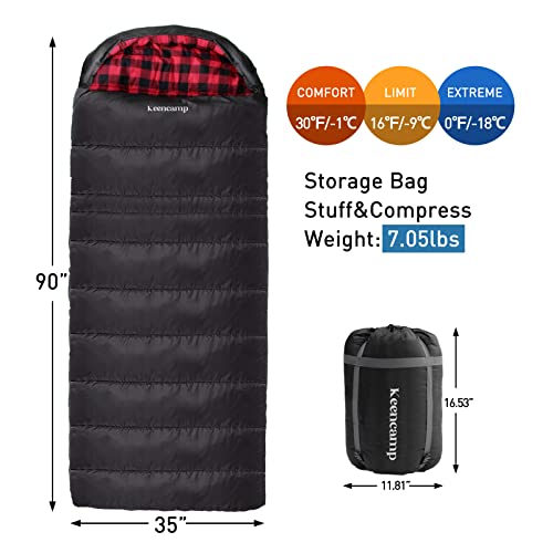 Keencamp 0 Degree Sleeping Bag Cotton Flannel Winter Cold Weather for Adults XXL Sleeping Bag 4 Season Big and Tall with P...