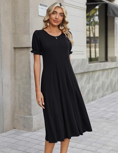Zeagoo Womens Summer Dress Casual Midi Dresses 2026 Short Puff Sleeve Flare Dress Pleated Flowy Sundress with Pockets