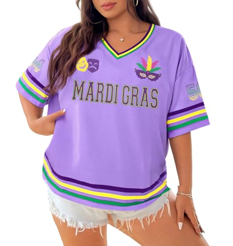 NANYUAYA Women's Plus Size Mardi Gras Oversized Shirt Fat Tuesday Carnival Top V Neck Festival Short Sleeve Party Tee