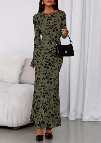 PRETTYGARDEN Women's Floral Bodycon Maxi Dress 2026 Spring Elegant Mesh Long Sleeve Formal Wedding Guest Cocktail Dresses