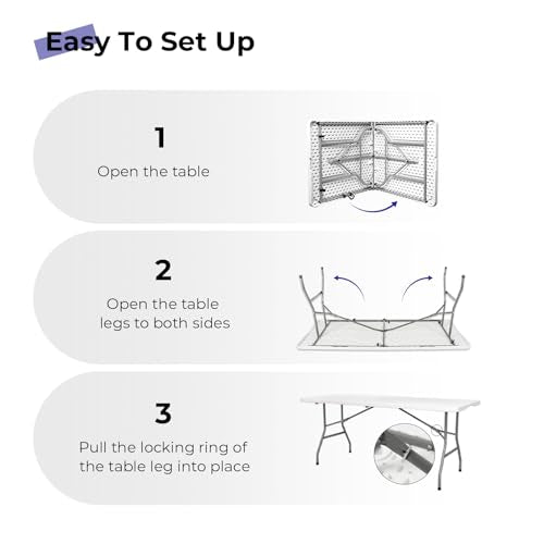 Byliable Folding Table 6ft Portable Heavy Duty Plastic Fold-in-Half Utility Foldable Table Plastic Dining Indoor Outdoor f...