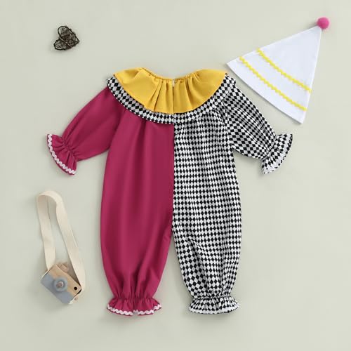 Pudcoco Toddler Baby Boys Girls Halloween Clown Costume Long Sleeve Contrast Color Ruffle Layered Jumpsuit Romper with Hat (Black, 18-24 Months)