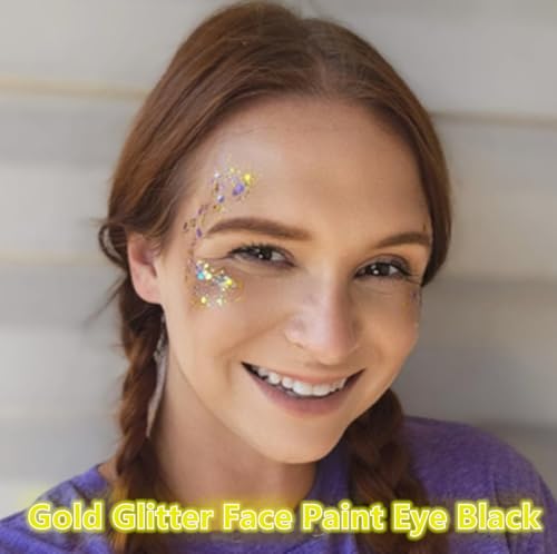 Go Ho Gold Face Body Glitter,Mardi Gras Glitter Makeup Gold Face Paint,Holographic Chunky Sequins Glitters for Eye Lip Hai...
