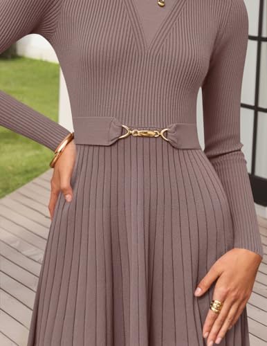 ZESICA Women's Long Sleeve Midi Sweater Dress 2026 Fall Crewneck Knit A Line Pleated Flowy Long Dresses with Belt