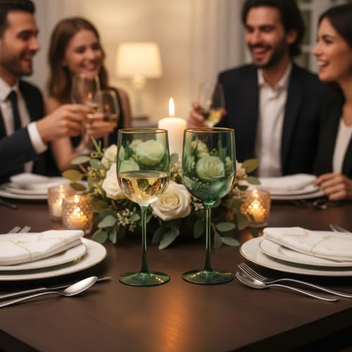 Blue Sky Green Plastic Wine Glasses With Gold Rim - 12oz (5-Pack) Reusable, Disposable Cups for Parties and Events