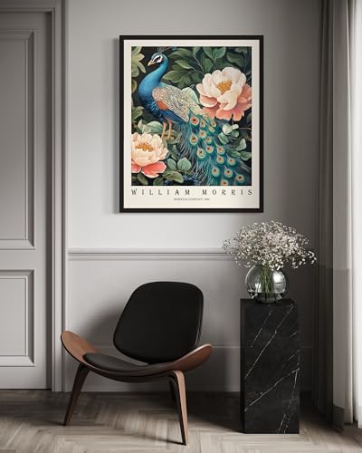 Peacock Art Print Poster, William Morris Style Retro Floral Mid Century Botanical Victorian Dark Academia Flower Decor Gallery 148 (Peacock, 18 x 24 inches, Unframed)