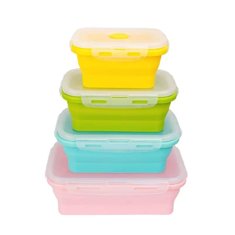 CozyKit Set of 4, Collapsible Silicone Food Storage Container, Leftover Meal Box for Kitchen, Lunch Boxes with Clip-on Li...