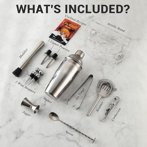 Bartender Kit Cocktail Shaker Set, Stainless Steel Cocktail Kit with 12 Piece Bar Accessories, 25oz Shaker Bar Set Drink M...