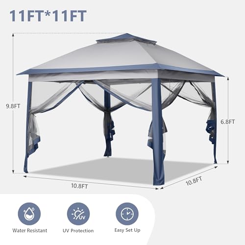 GDY 11x11 Pop Up Canopy Tent, Outdoor Canopy with Netting, Outdoor Gazebo for Backyard, Tent with Wheeled Cover Bag, Blue.