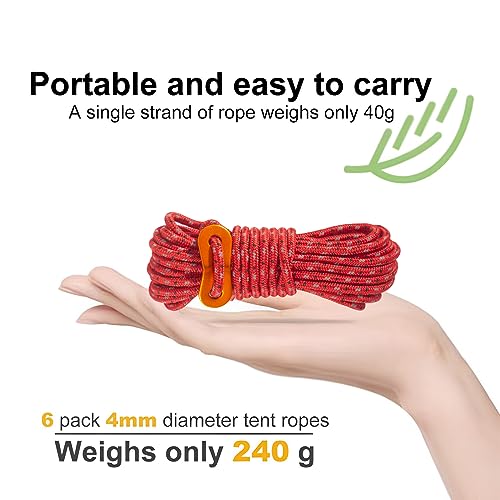 Smithok 16.4ft 6 Pack 4mm Guy Lines Ultralight Tent Cords with Aluminum Adjuster Tensioner Outdoor Camping Guylines Ropes ...