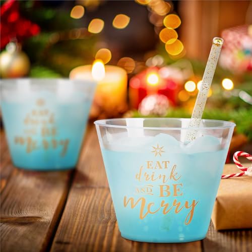 Sparkle and Bash Clear Plastic Cups - Festive Print for Eat, Drink & Be Merry Party Supplies - Durable Plastic Cocktail Gl...