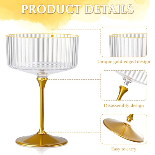 HKSZEH 24 PCS Ribbed Coupe Glasses with Gold Stem Clear Plastic Champagne Coupe Cup 10oz Detachable Gold Rim Espresso Mart...