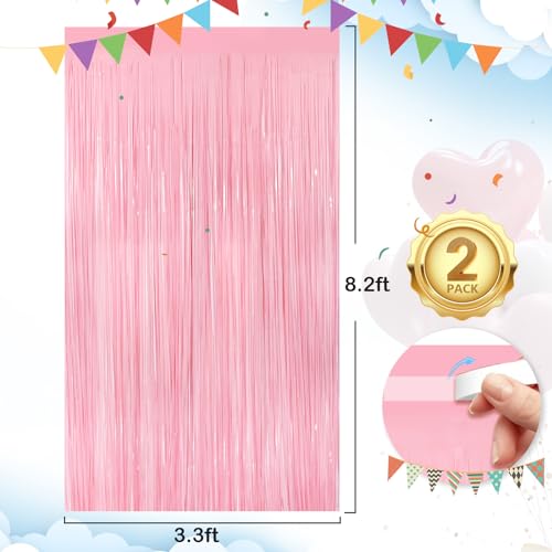 2Pack Pastel Pink Metallic Tinsel Foil Fringe Curtains, 3.3 X 8.3ft Pink Party Streamers Backdrop Curtains for Birthday Pa...