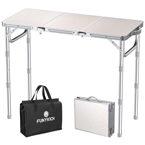 FUNYKICH 3ft Folding Camping Table with 3 Adjustable Height, 34.2'' Lx15.7'' W Portable Picnic Tables, Lightweight Aluminu...