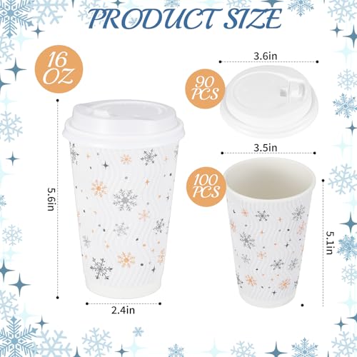 Foxtell 100 Pcs 16 oz Christmas Coffee Cups with White Lids Snowflake Disposable Paper Cups Bulk Insulated Hot Cocoa Cup f...
