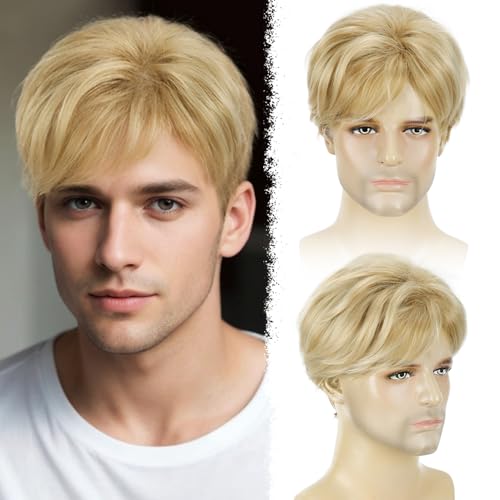 YYHR Mens Blonde Wig Short Layered Natural Fluffy Wig Synthetic Male Guy Daily Wear Anime Costume Halloween Cosplay Party