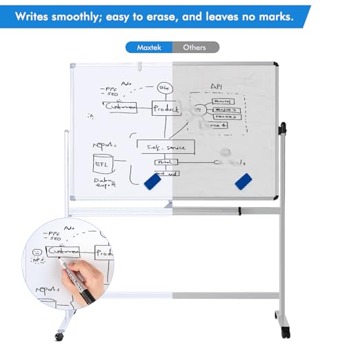 Maxtek Rolling White Board on Wheels 48x32 inch Double Side Magnetic Dry Erase Board with Stand, Aluminum Frame Easel Mobi...