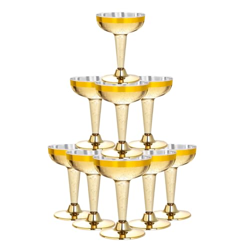 Lullaby 50PCS 5oz Plastic Champagne Coupe Glasses with Gold Rim, Elegant Plastic Champagne Glasses, Unbreakable and Crysta...