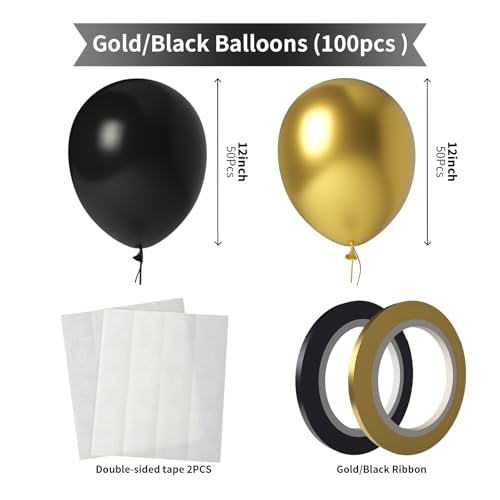 LYNSP Black and Gold Balloons 100 Pack 12 Inch Metallic Chrome Black Gold Latex Helium Balloons for Birthday Wedding Chris...