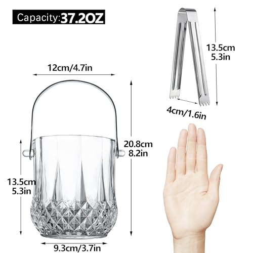 Glass Ice Bucket with Handle and Ice Tong Holds 37oz of Ice Clear Crystal Ice Buckets for Cocktail Bar Wine Home Bar Acces...
