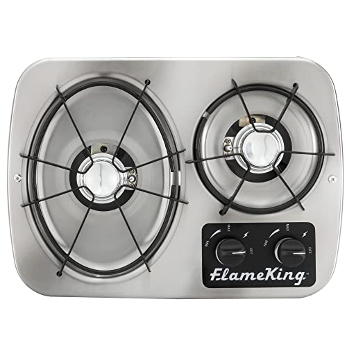 RecPro RV 2 Burner Gas Built-In Cooktop Stove with Cover Hood and Wind Guard | 7200 and 5200 BTU Burners