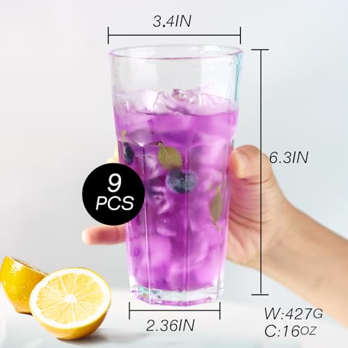 Etolies Highball Drinking Glasses Set of 9, Water Glasses 16 oz,Iced Tea Glasses for Water, Juice, Cocktails,Milkshake,Cok...