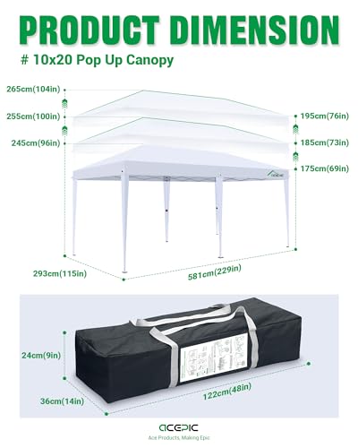 Acepic 10x20 Pop Up Canopy,2 Central Lock Easy Set-up Outdoor Party Tent with Top Vent, Commercial Tent, 6 Removable Sidew...