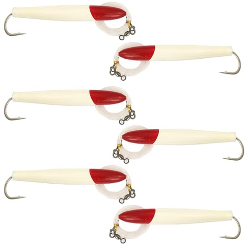 4" Cedar Plug Lures, 6 Pcs Red/White Rigged, for Saltwater Fishing, Includes Mesh Lure Bag, Ideal for Offshore Tuna Trolling