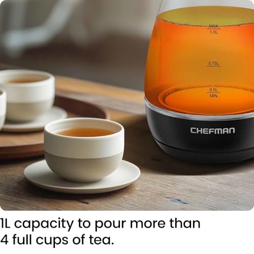Chefman Electric Kettle with Tea Infuser, Compact 1L (4 Cups), 1500W, Removable Lid for Easy Cleaning, Boil-Dry Protectio...