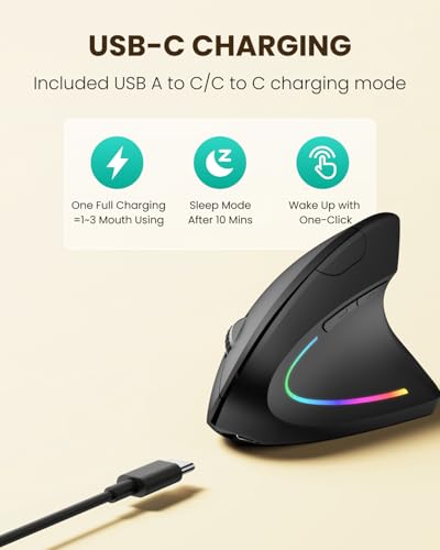 POJTK Ergonomic Wireless Rechargeable Mouse, Bluetooth+USB A+Type C(3 in 1) Connection, 5 Levels Up to 4800 DPI, 6 Silent ...