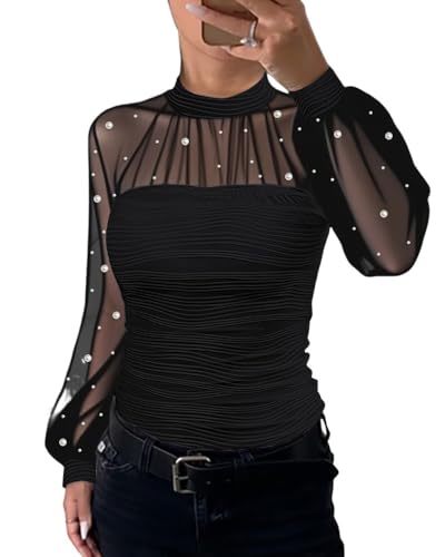 Ninimour Women‘s Pearls Decor Long Sleeve Blouse Mesh Spliced Textured Shirt Going Out Top