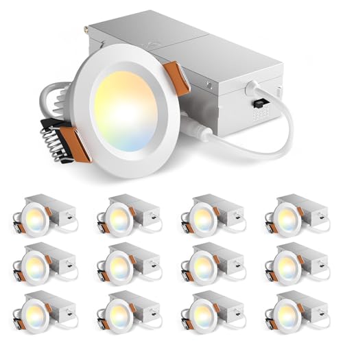 Amico 12 Pack 2 Inch 5CCT Ultra-Thin LED Canless Recessed Ceiling Light with Junction Box, 2700K/3000K/3500K/4000K/5000K S...