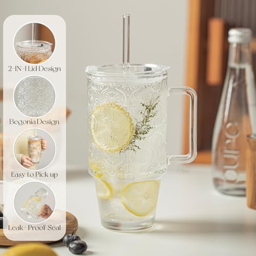 KEMORELA 4-Pack 24 Oz Glass Tumblers with Straws and Lids, Iced Coffee Cups with Begonia Floral Pattern, Smoothie Cups wit...