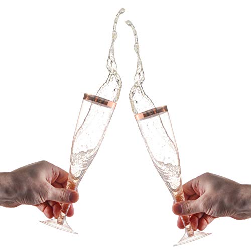 Rose Gold Plastic Champagne Flutes Disposable - Rose Gold Glitter with a Rose Gold Rim - [1 Box of 36 ] 6.5 Oz - Elegant S...