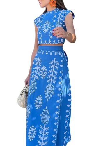 THLAI Women's Bohemian Floral Printed 2 Piece Set Crop Tank Top & Beach Party Maxi Dress Set Outfit