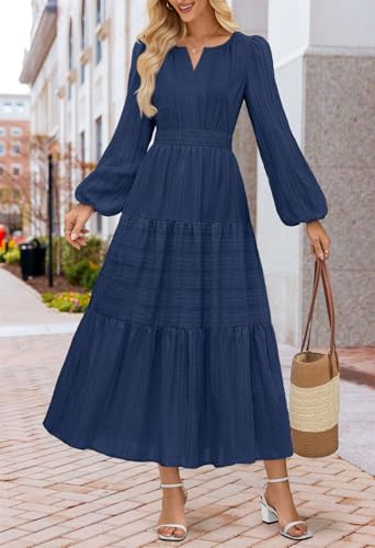MEROKEETY Winter Midi Dresses for Women 2026 Spring Long Sleeve Casual V Neck Tiered Cotton Maxi Dress Pockets