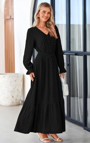 PRETTYGARDEN Women's 2025 Maxi Dress Long Sleeve V Neck Flowy Swiss Dot High Waist Casual A Line Fall Wedding Guest Dresses